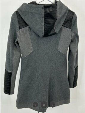 Gray Hooded Long Jacket with Quilted Sleeve Details - Women